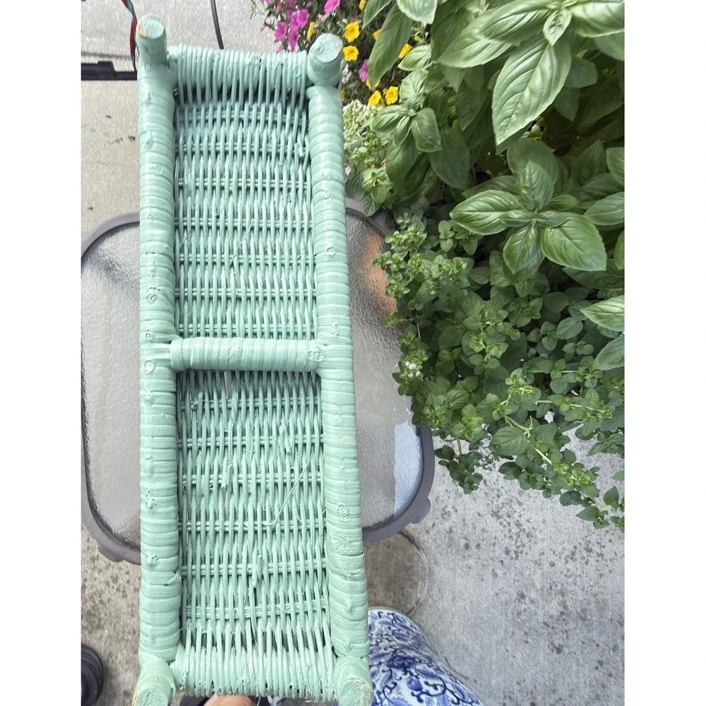Vintage 1980s Seafoam Green Wicker Magazine Basket Boho Cottage Storage